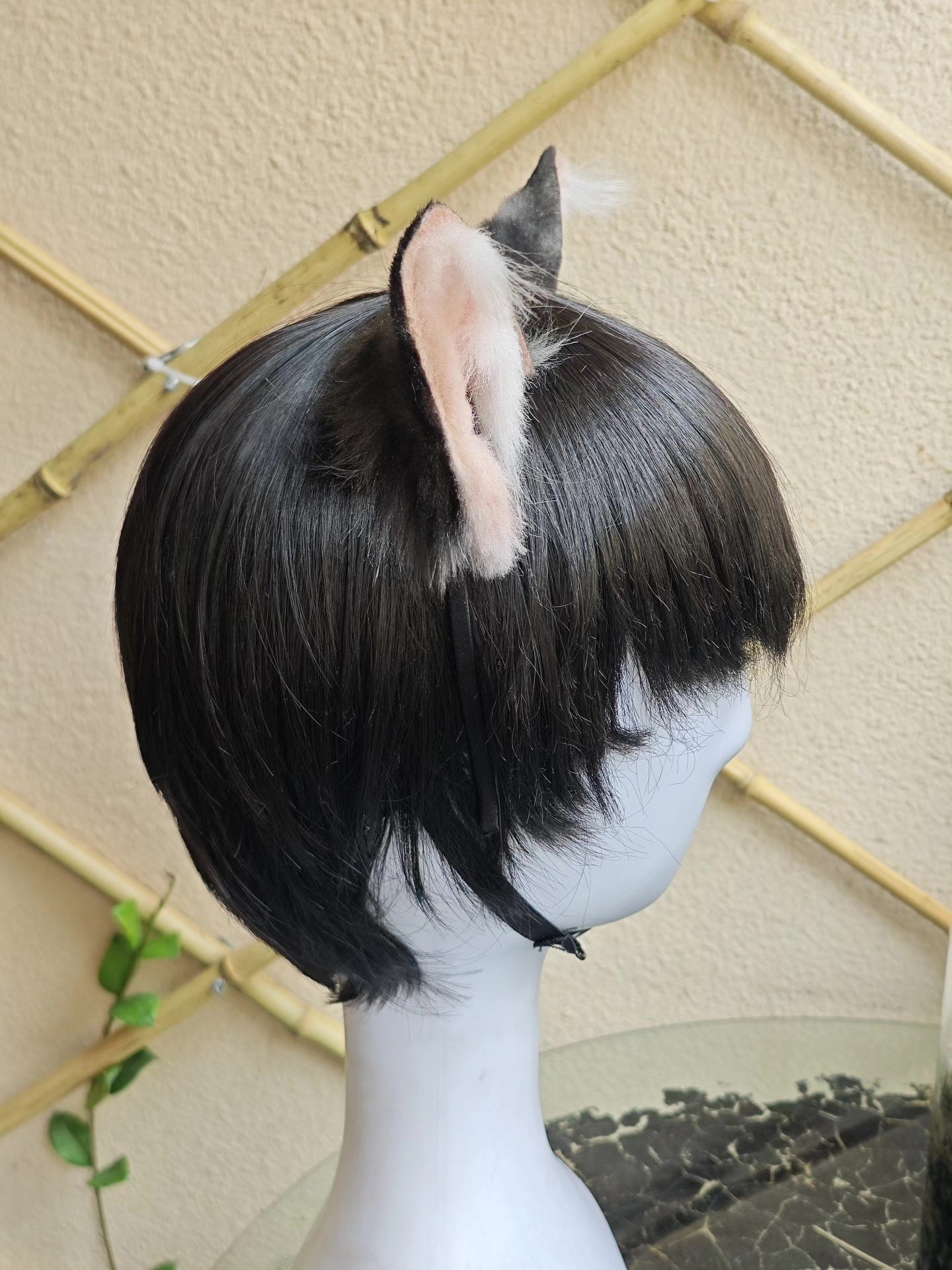 Handcrafted Tabby Cat Ears on Black Bob Wig - Realistic Style