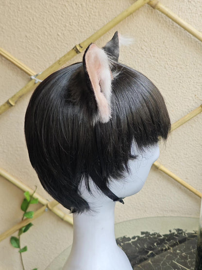Handcrafted Tabby Cat Ears on Black Bob Wig - Realistic Style