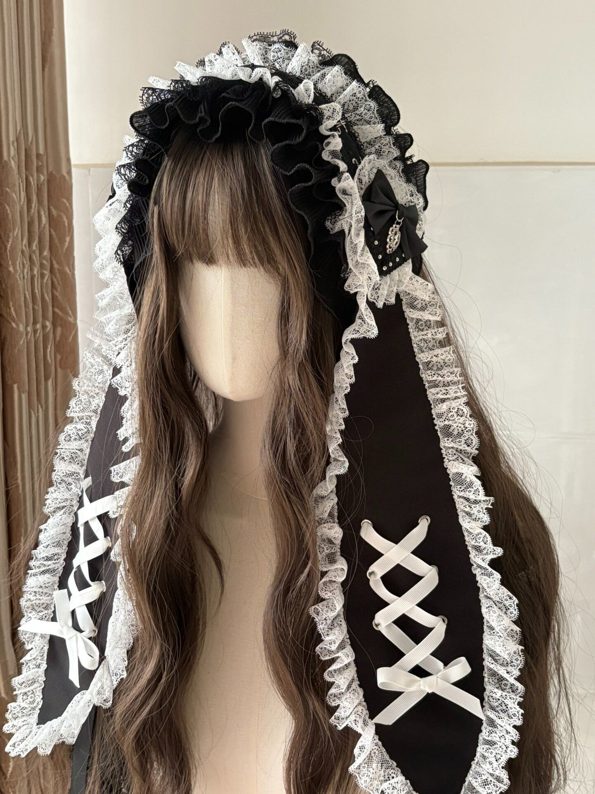 Gothic Lace Bunny Ear Headband with Ribbon Lacing
