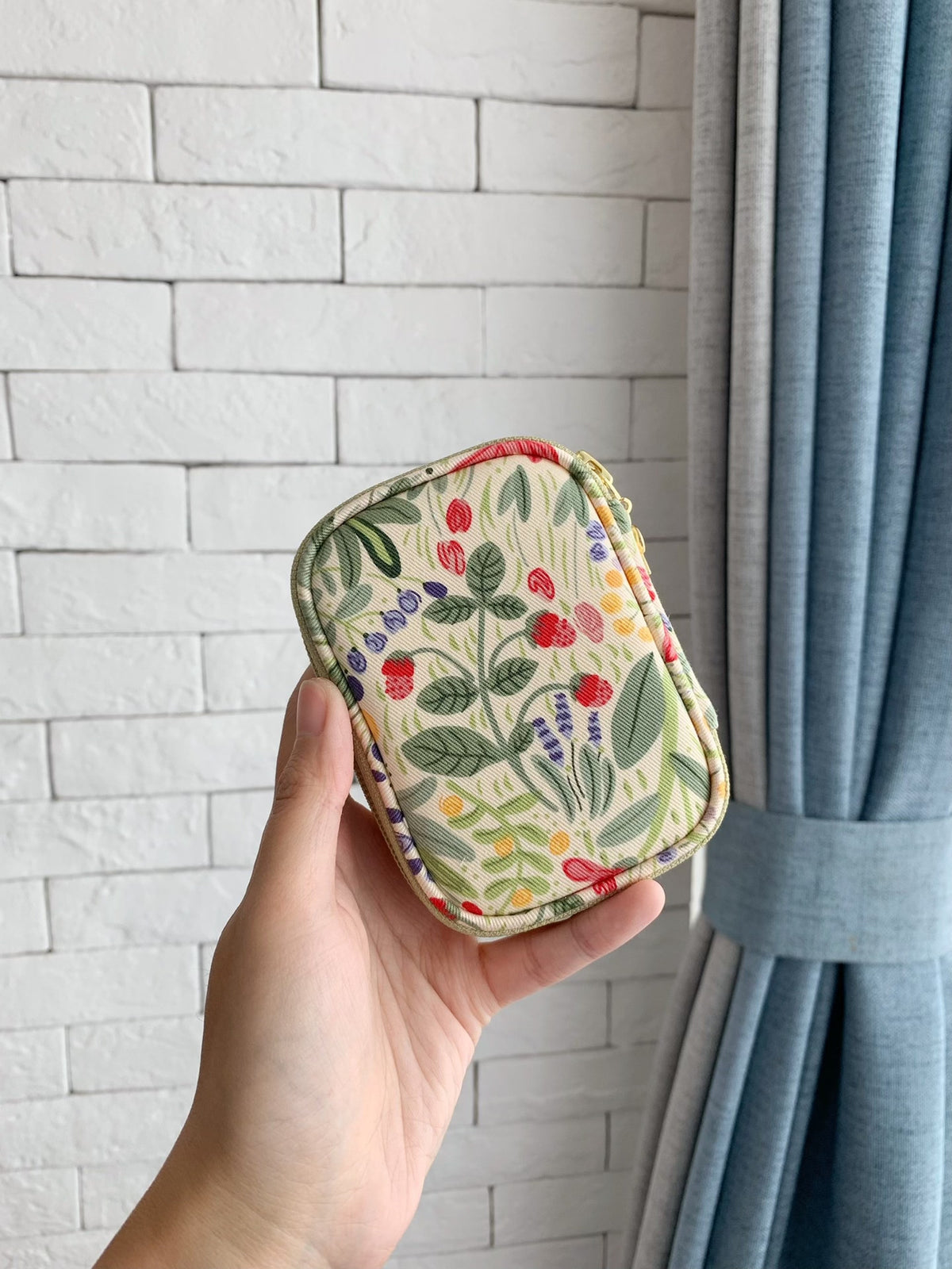 Floral Print Cotton Pouch with Card Slots