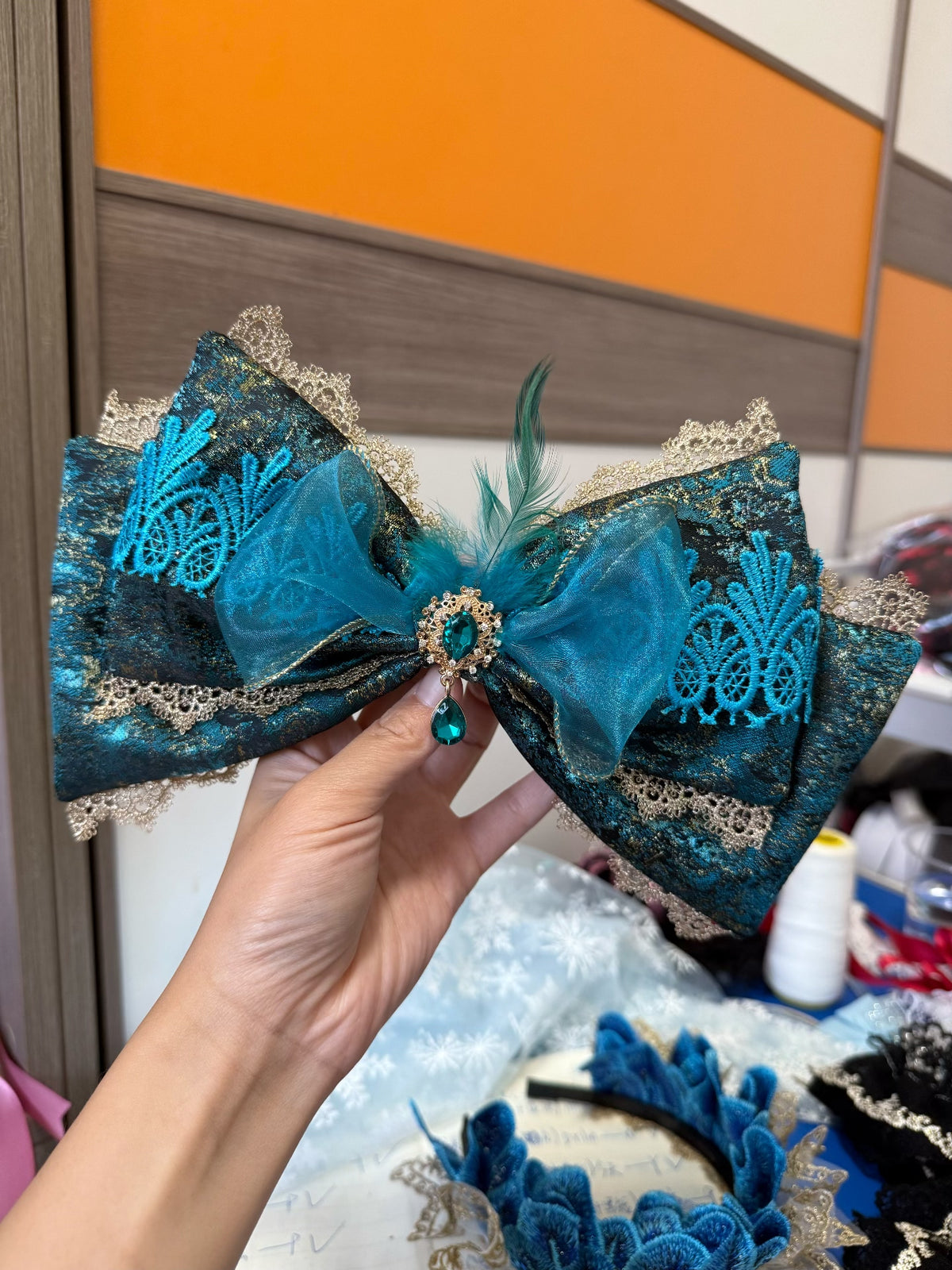 Peacock Feather KC Teal Velvet Headpiece