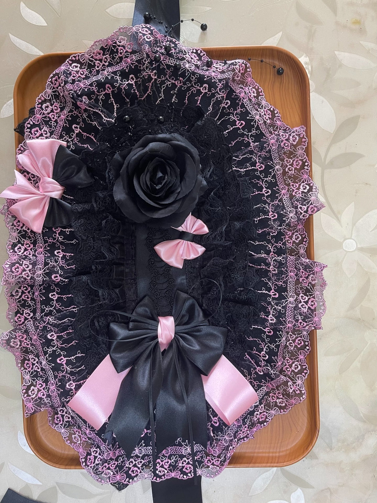 Lolita Bonnet with Black and Pink Lace