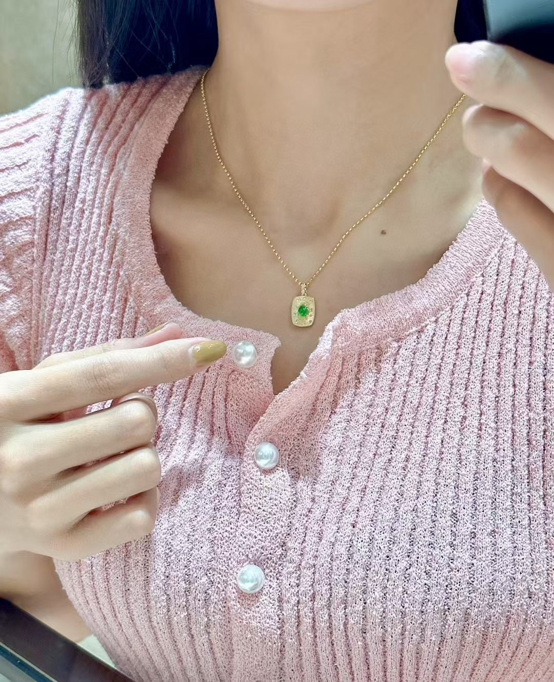18k Gold Pendant with Oval Green Cabochon and 0.10ct Clear Stones