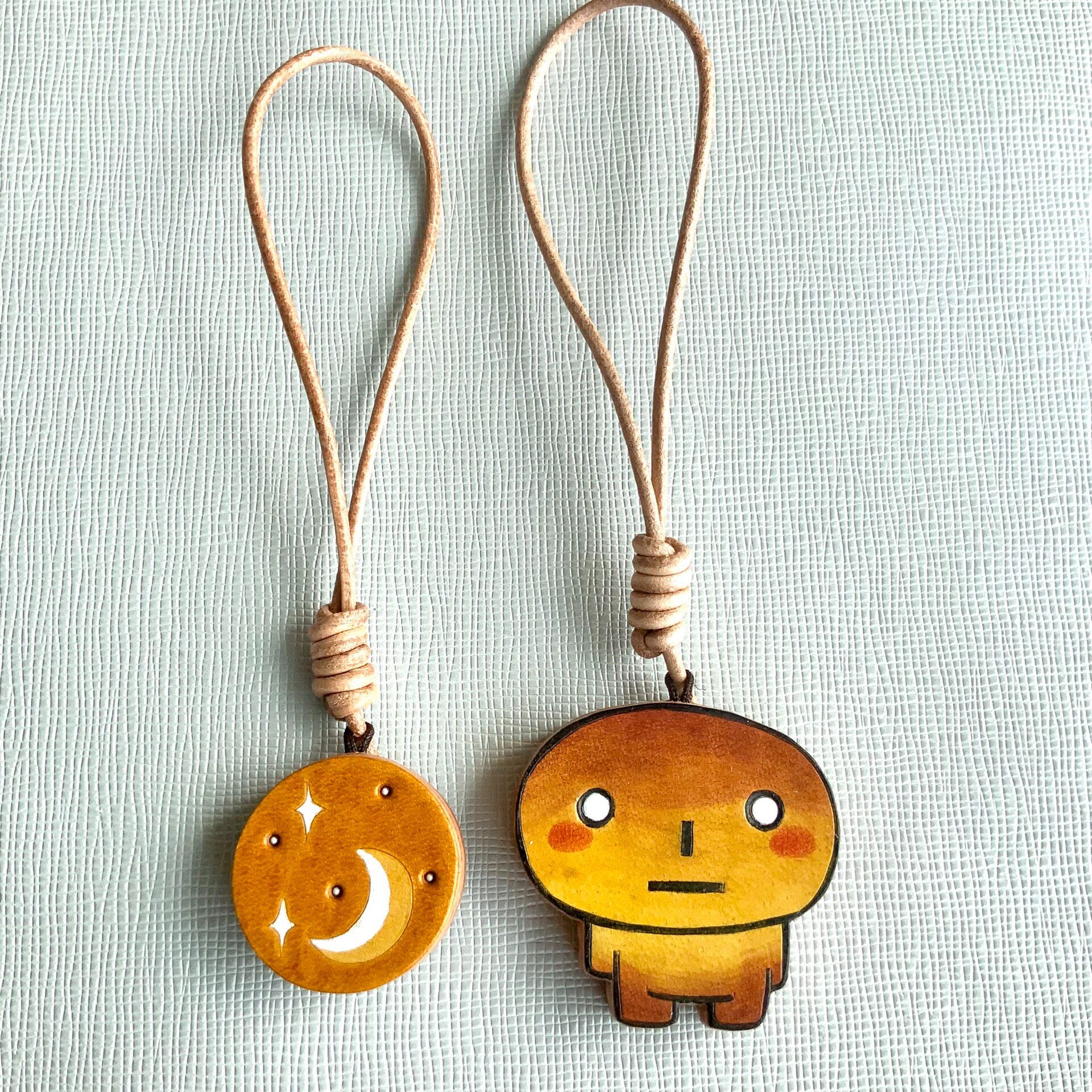 Hand-Painted Leather Charms: Bread Character & Moon Star Set