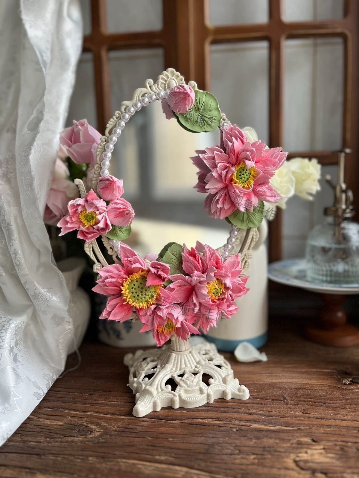 Clay Flower Decorated Oval Mirror