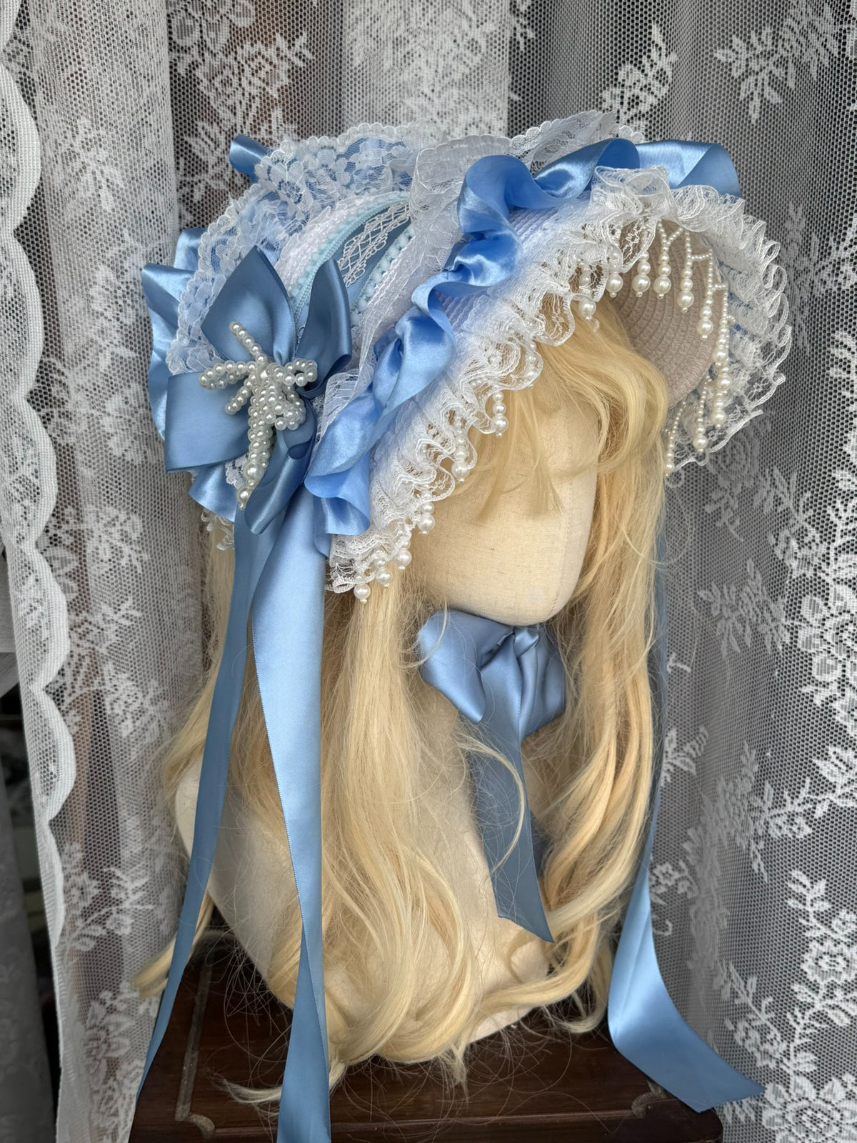 Handmade Blue Lace Bonnet Lolita Headpiece