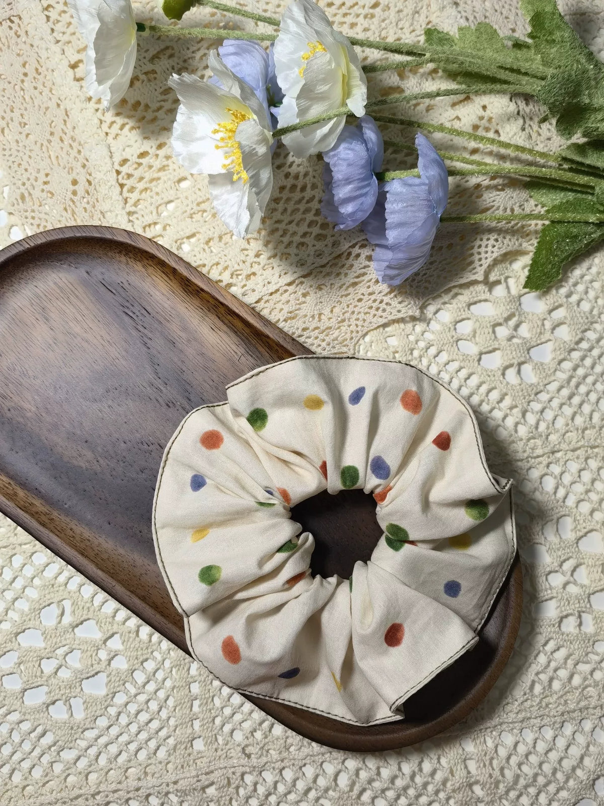 Handgakte Katoenen Polka Dot Haar Scrunchie