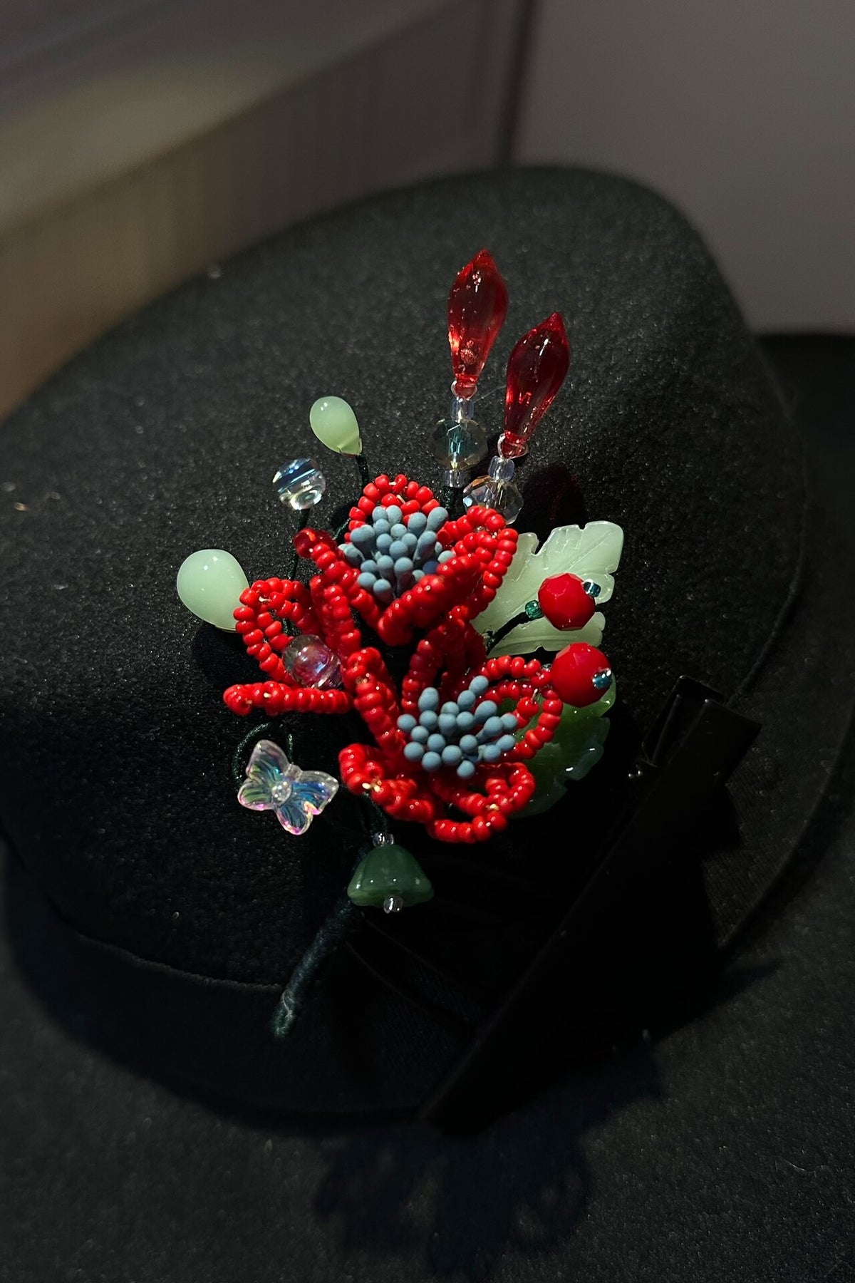 Beaded Floral Hair Clip with Red Flowers