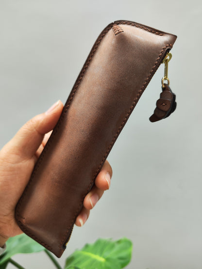 Handmade Leather Pencil Case, Imported Waxed Vegetable-Tanned Cowhide, Croissant Charm
