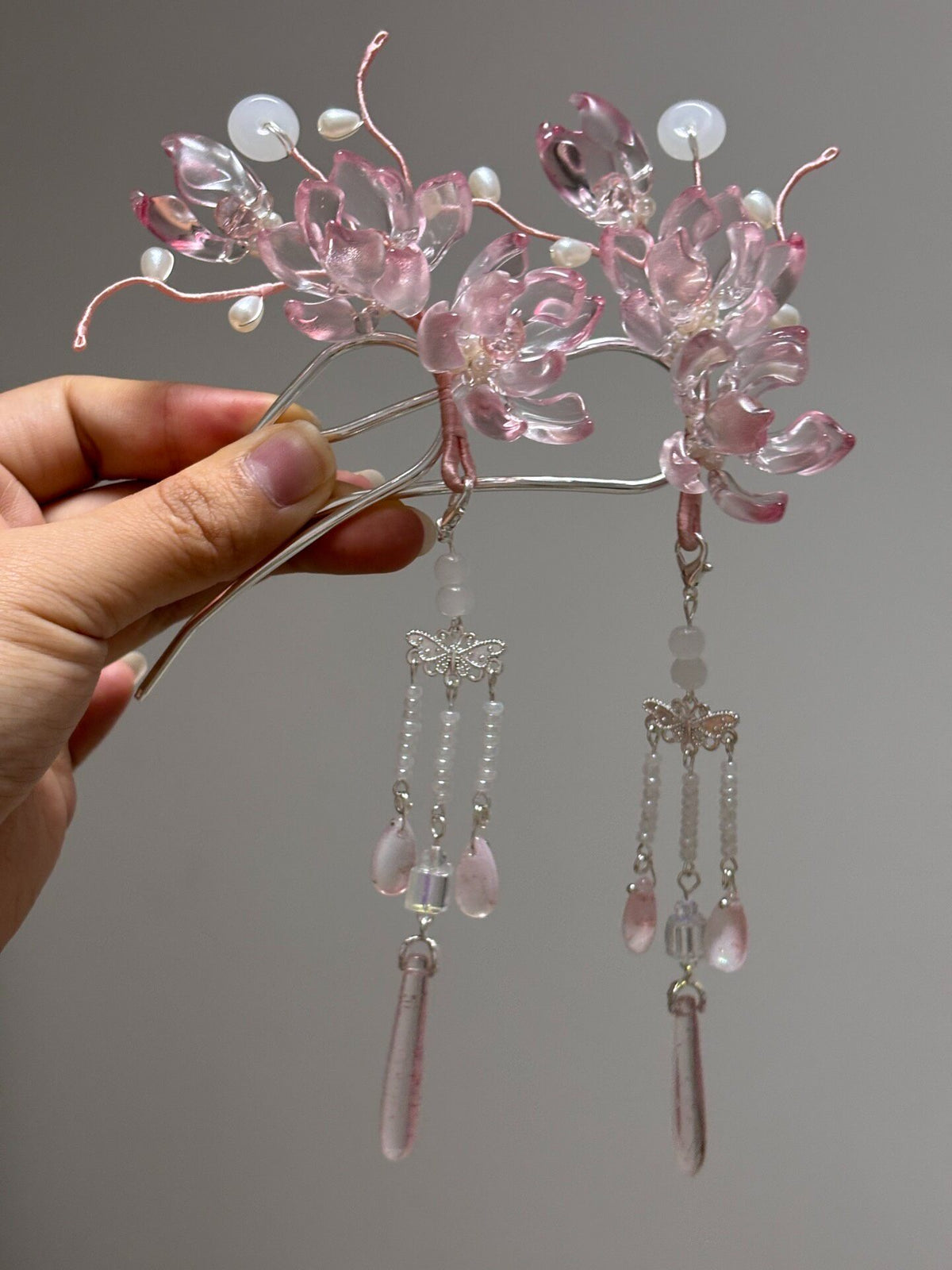 Liuli Glass Flower Hairpin with Tassels