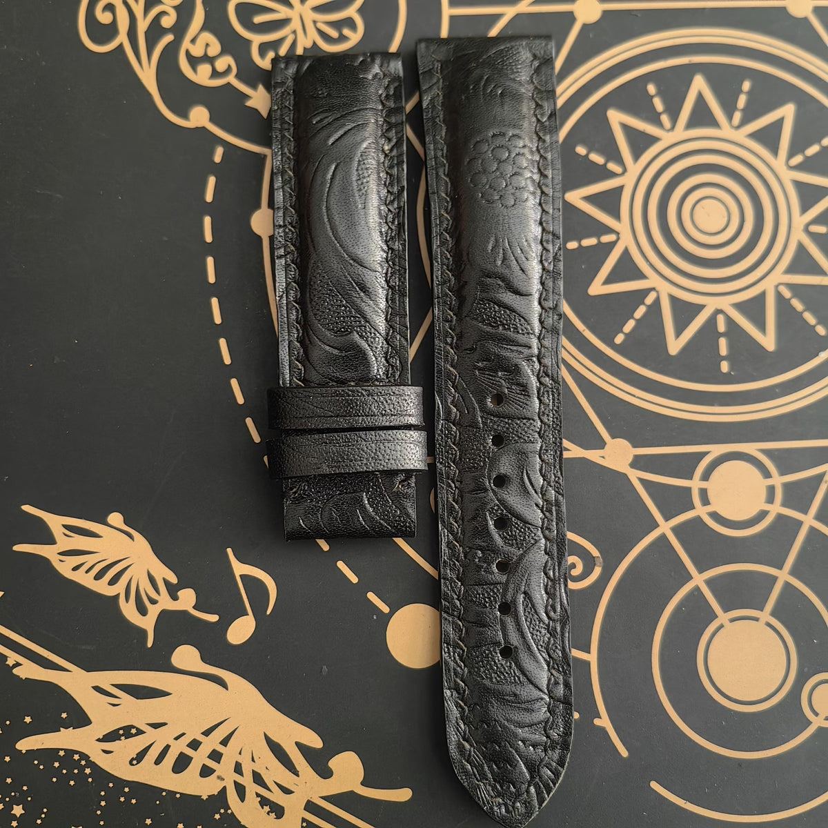 Black Leather Embossed Watch Strap 22mm