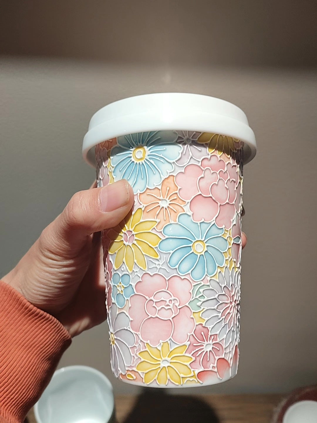 Jade Clay Floral Relief Ceramic Mug with Lid