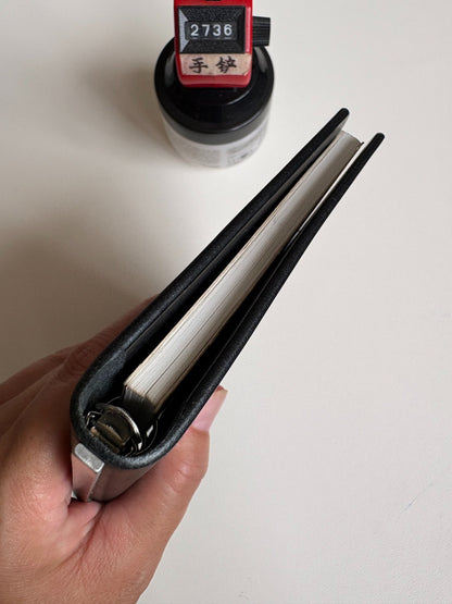 A6 Black Leather Ring Binder Notebook Cover with Silver Metal Rings