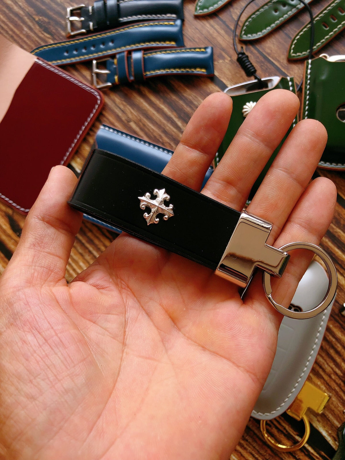Black Leather Key Fob with Cross Stud