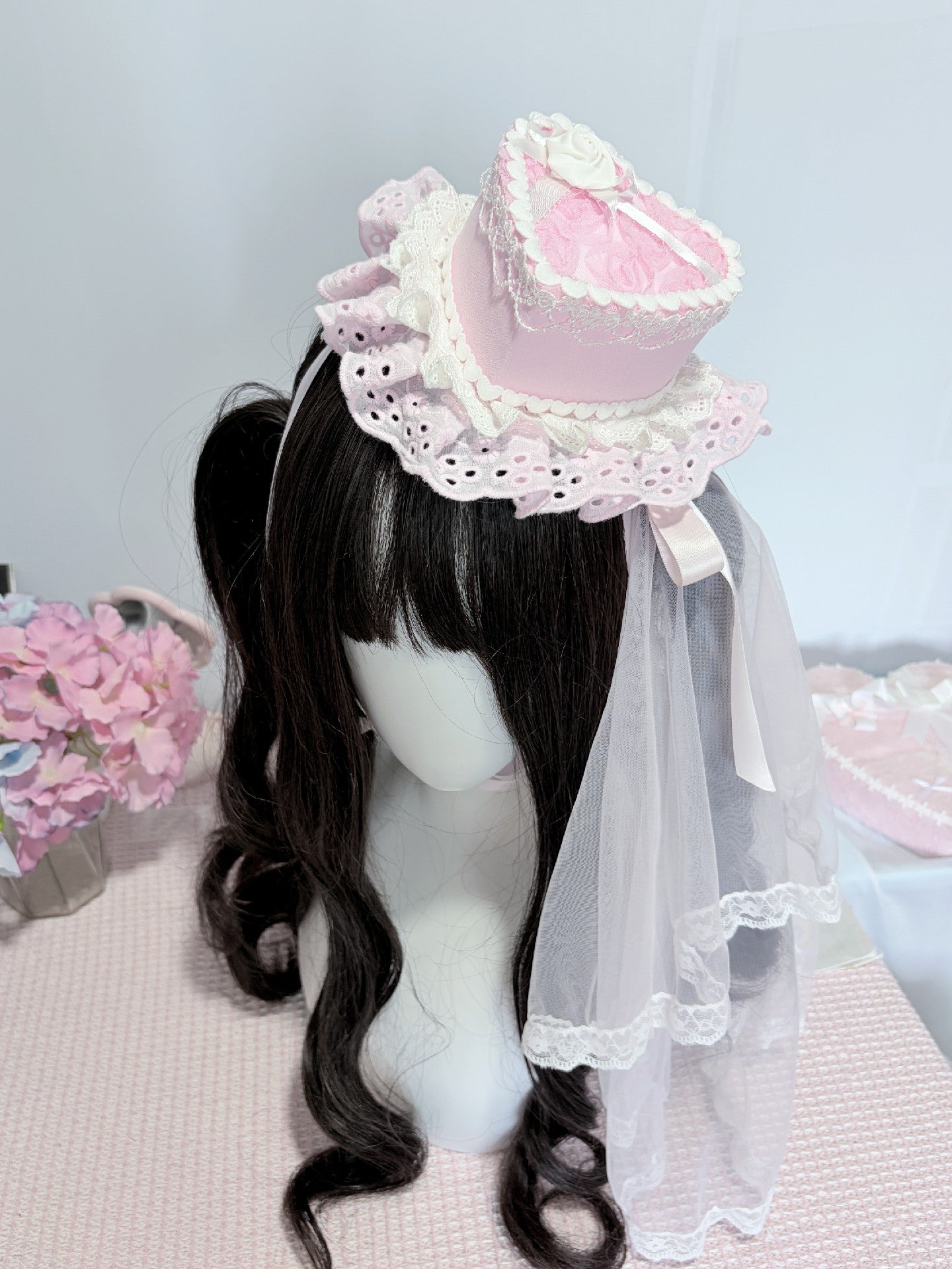 Pink Rose Heart Mini Top Hat with Veil Lolita Headpiece