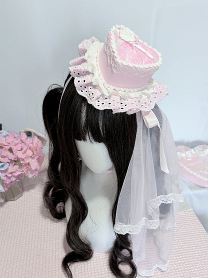 Pink Rose Heart Mini Top Hat with Veil Lolita Headpiece