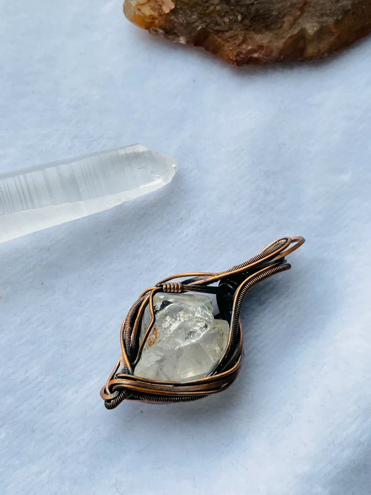 Double Terminated Raw White Quartz Copper Pendant