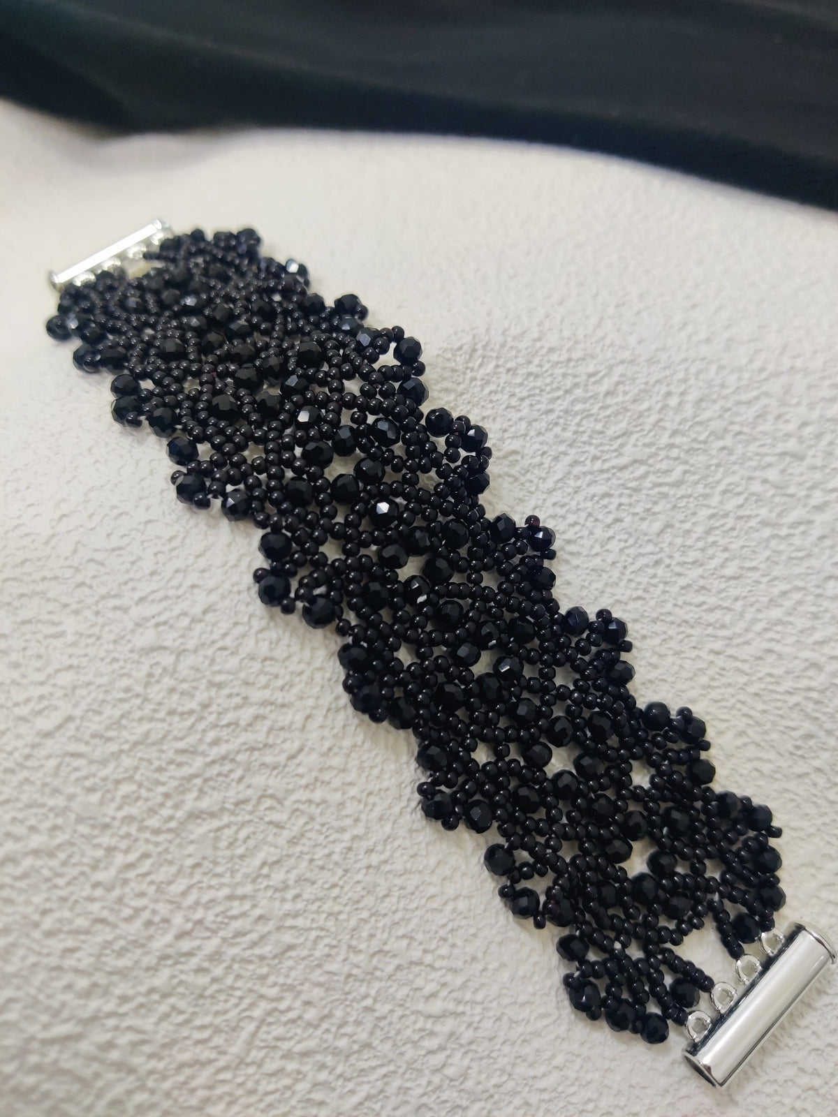 Black Flat Bead Lace Cuff Bracelet