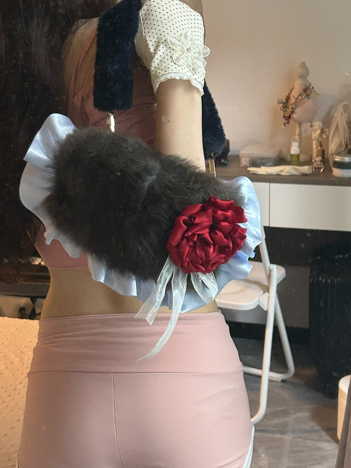 Genuine Rabbit Fur Handbag with Satin Flower
