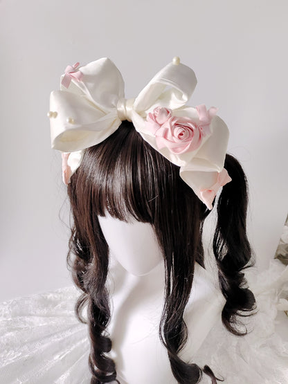 Satin Bow Headband with Fabric Roses and Pearl Accents