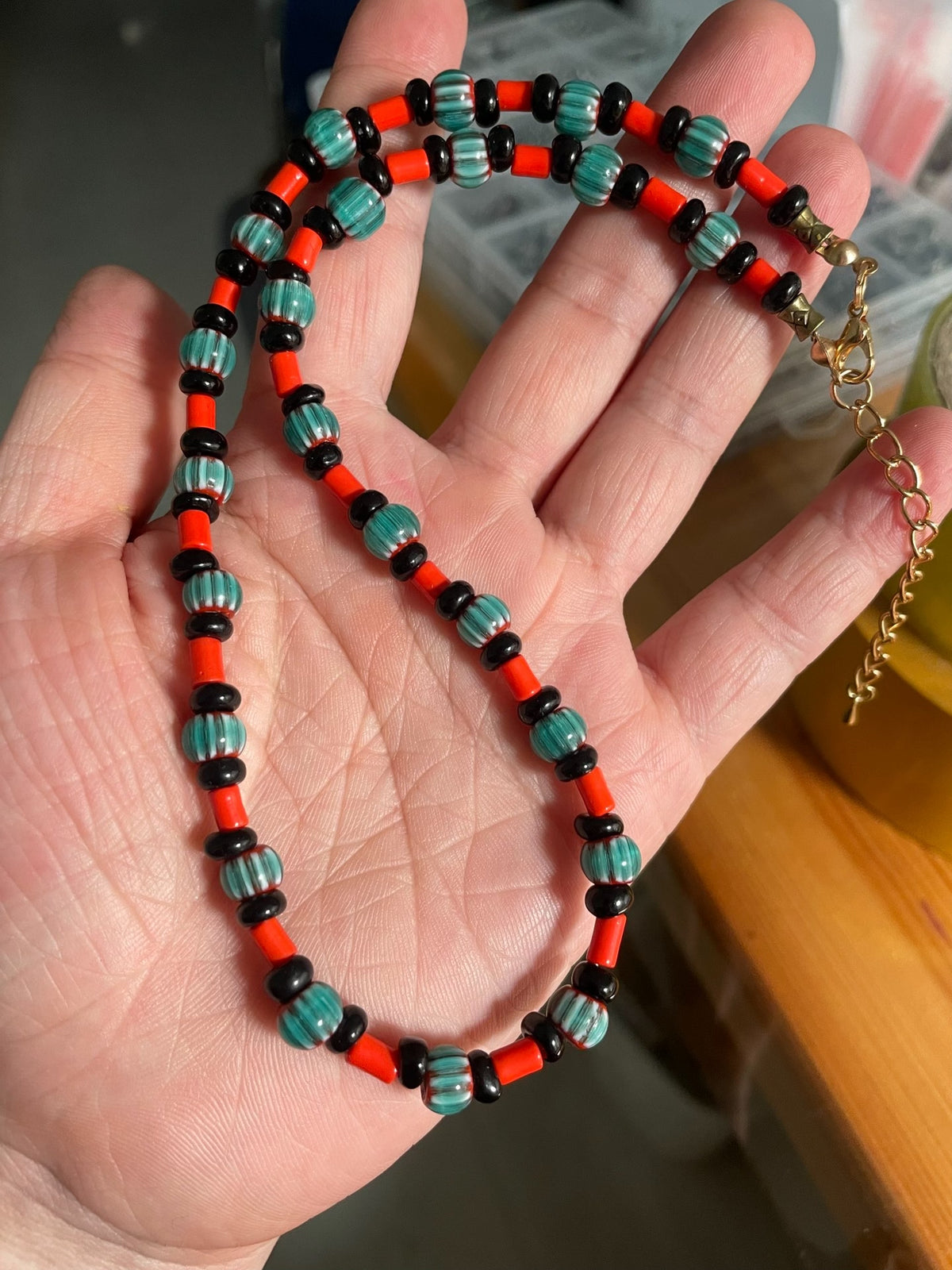 Turquoise Striped Glass Bead Necklace