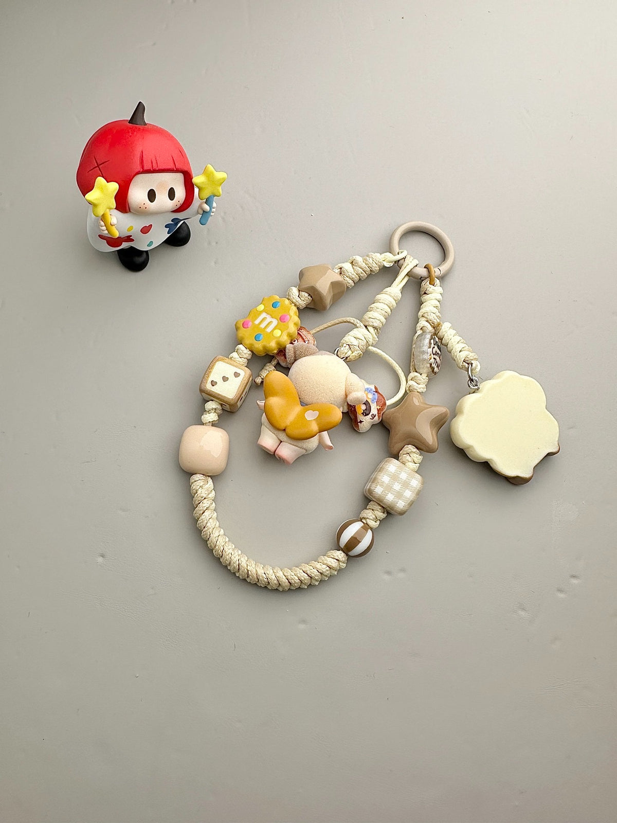 Handmade Braided Cord Phone Charm with Beige Ring