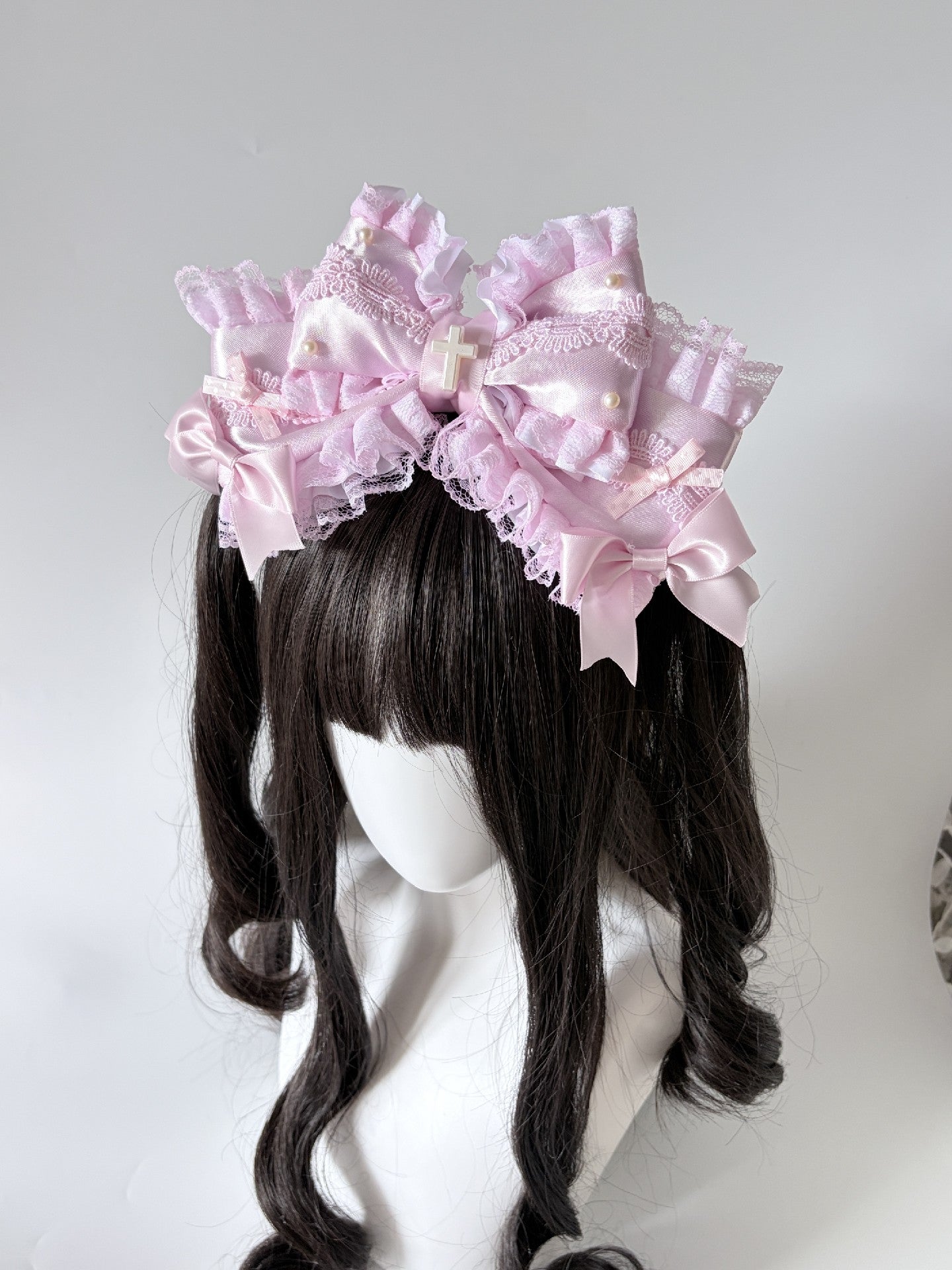 Pink Large Multi-Layer Bow Lolita Headband with Lace and Pearl Charms
