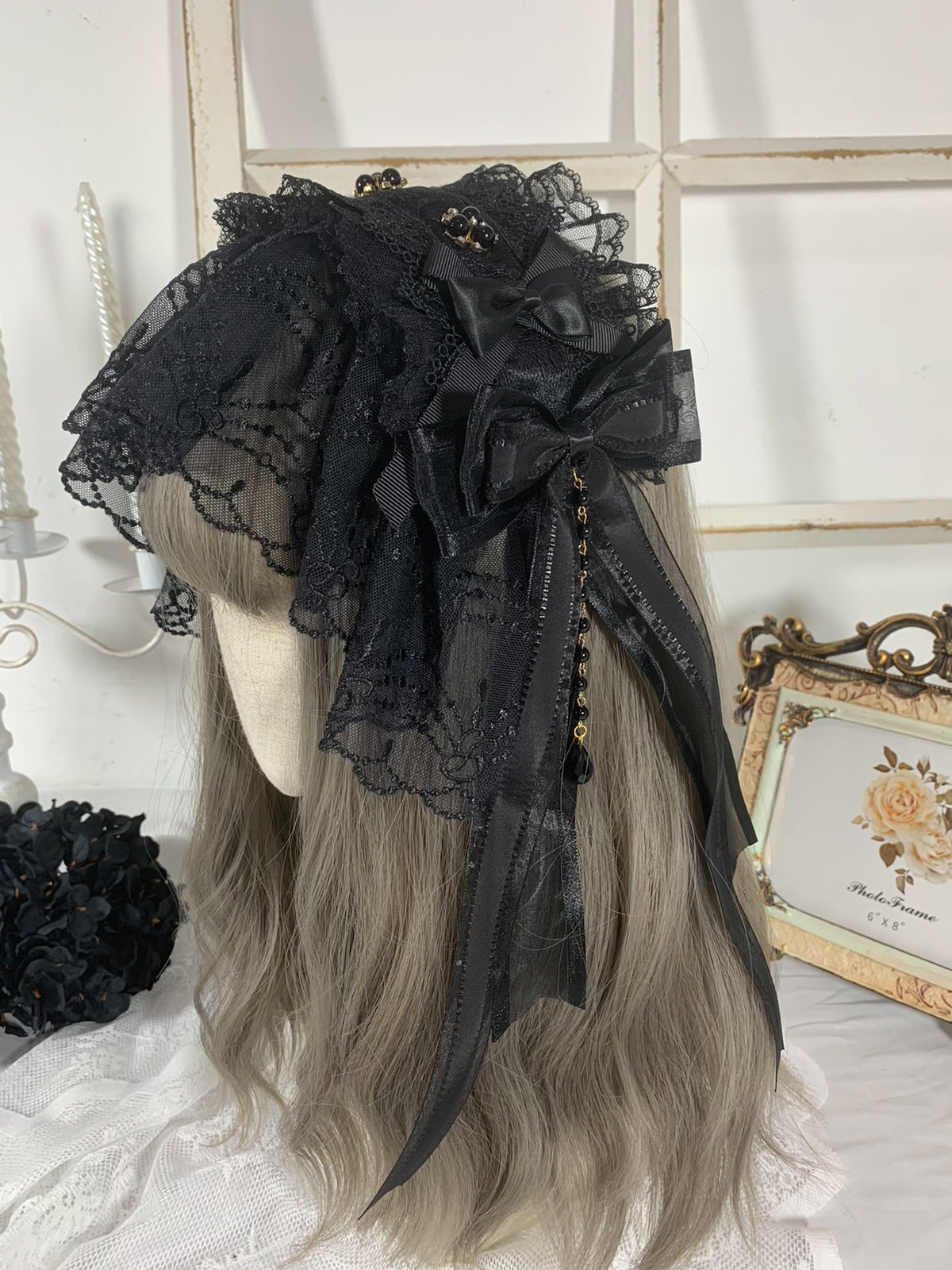 Diadema de encaje negro con lazo Gothic Lolita