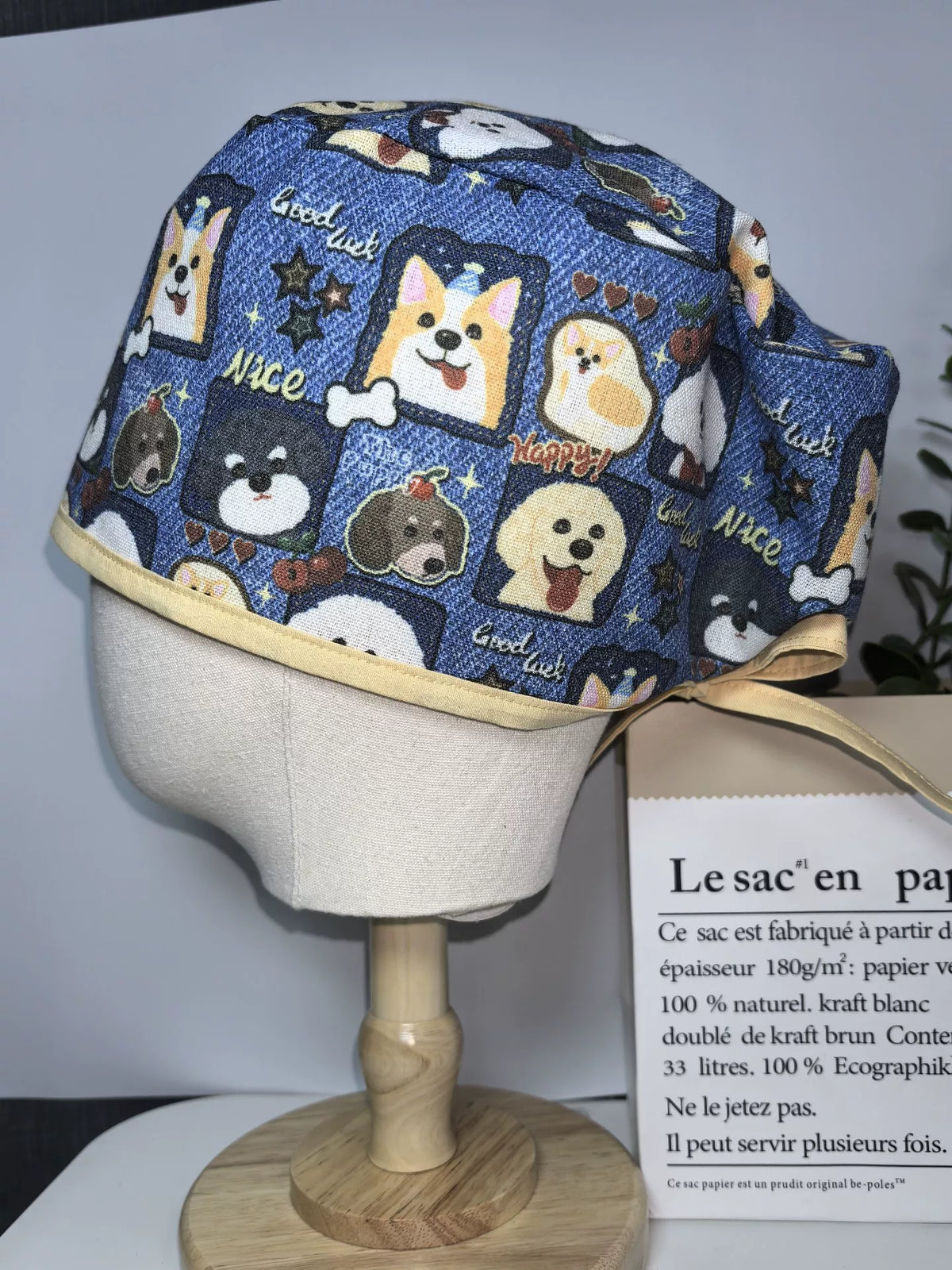 Indigo Cotton Linen Surgical Cap Dog Print