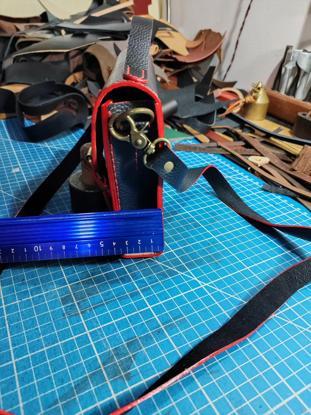 Handmade Black Leather Briefcase Shoulder Bag Red Stitching