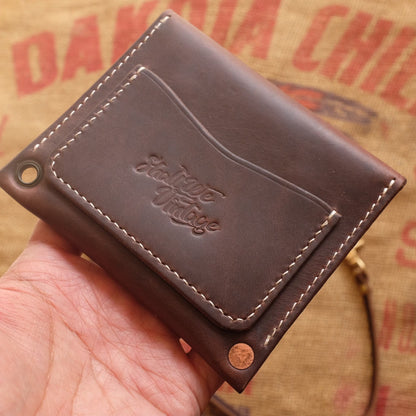 Top-Grain Leather Wallet with Brass Snap Closure and Wristlet Strap
