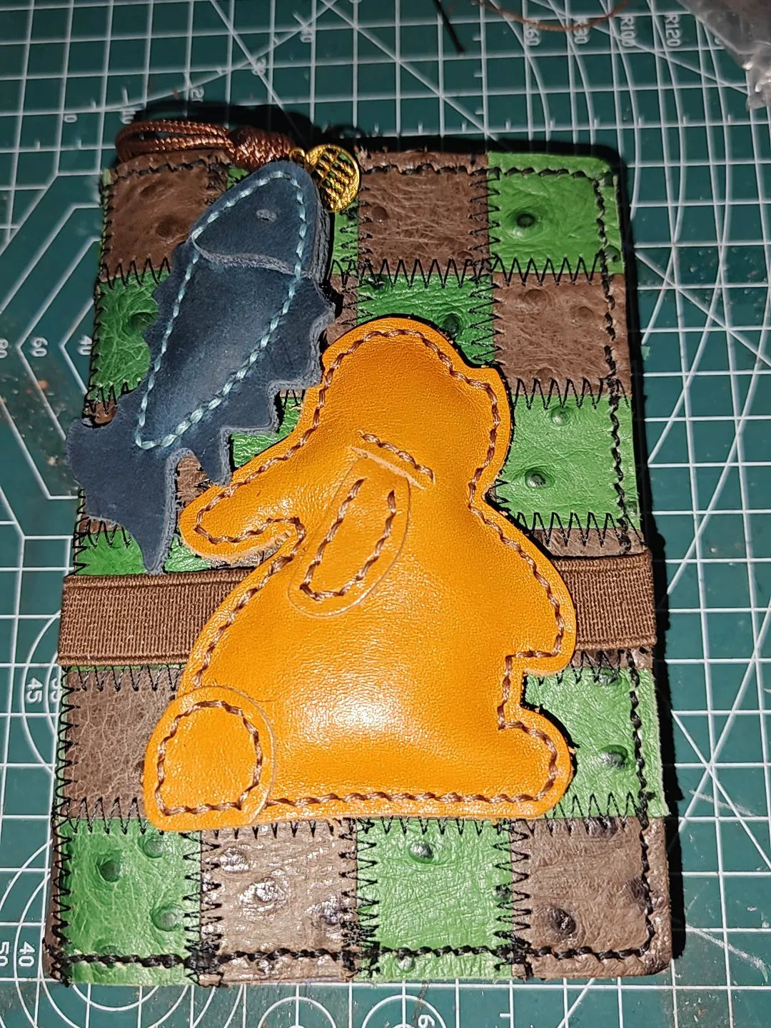 A7 Ostrich Leather Journal Green Brown Patchwork