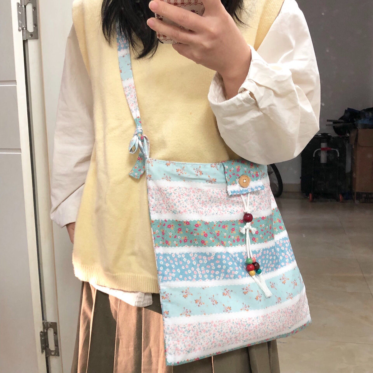 Handmade Adjustable Blue Floral Canvas Crossbody Bag