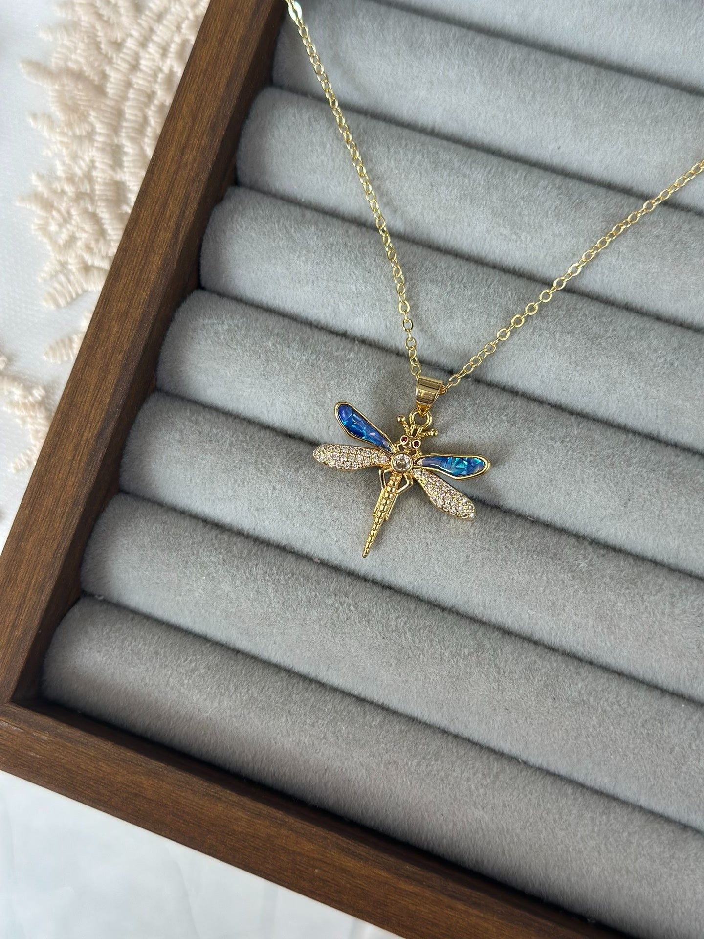 Gold-Plated Dragonfly Necklace with Shell Inlay Wings
