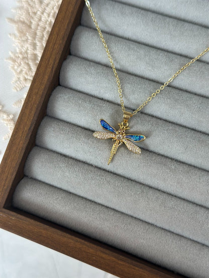 Gold-Plated Dragonfly Necklace with Shell Inlay Wings