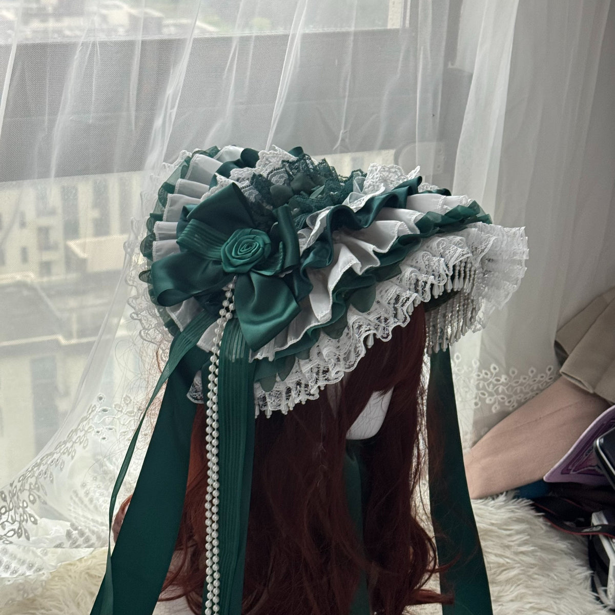 Handcrafted Lolita Bonnet Hat with Pearl Beads