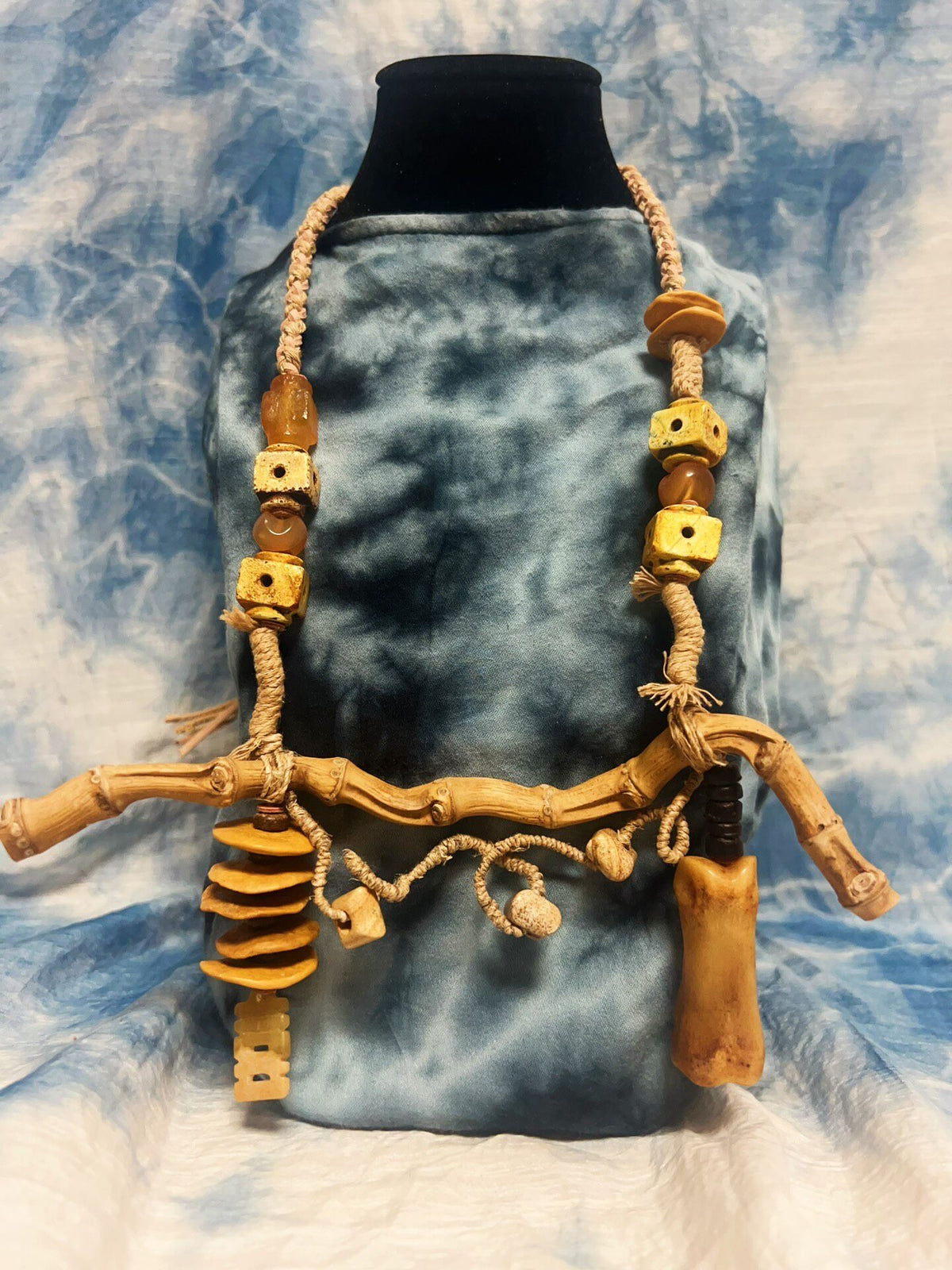 Handwoven Bamboo Root Necklace with Bone Pendant