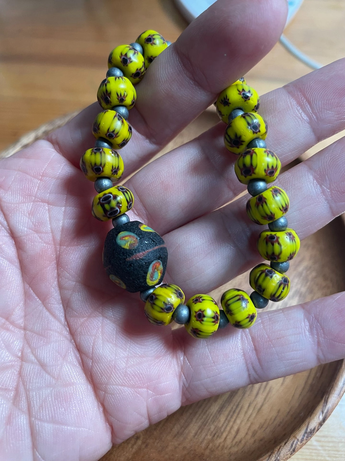 Yellow Glass Bead Bracelet with Tibetan Silver Spacers