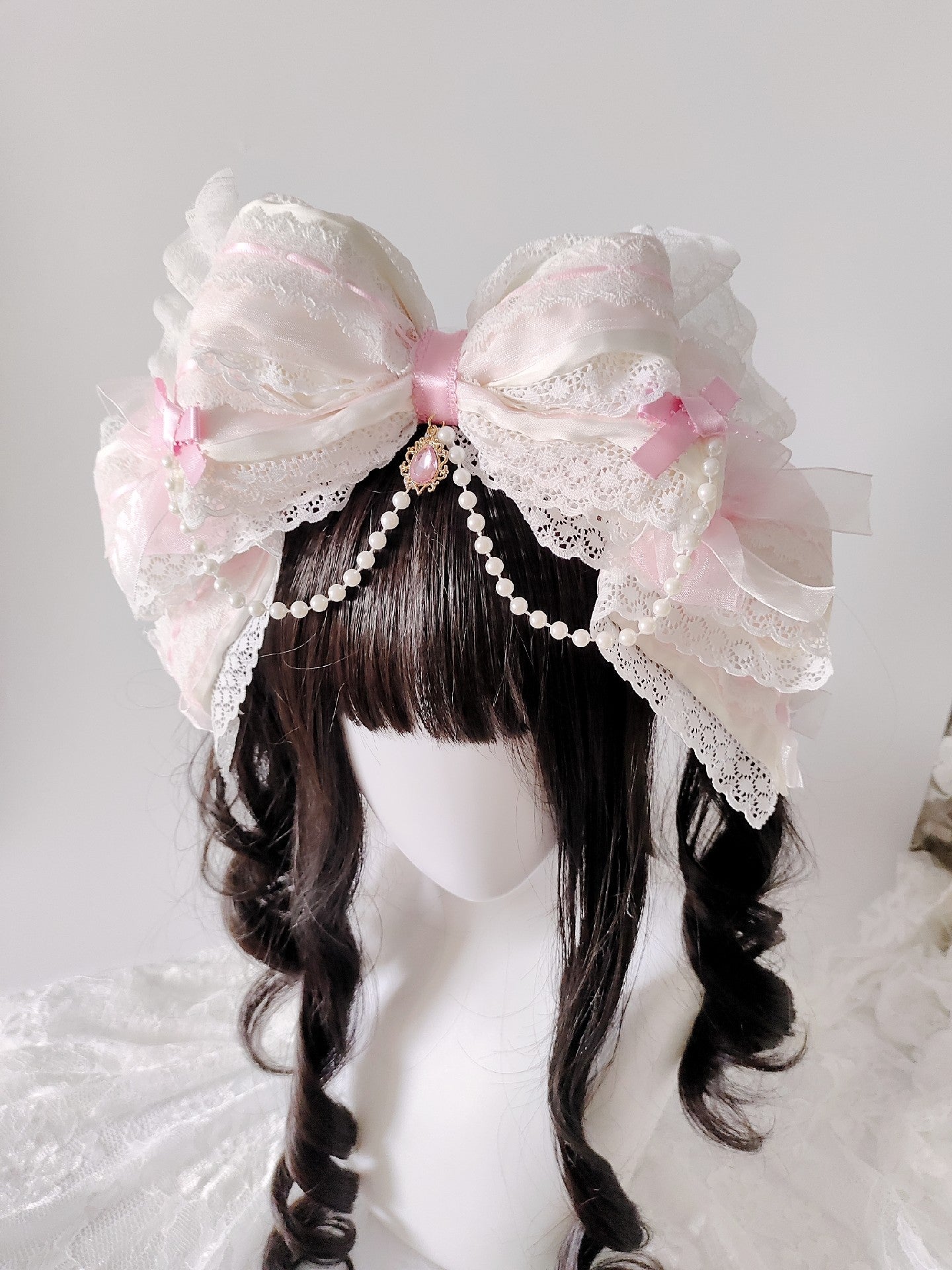 Large Lace Bow Headband with Pearl Drop Pendant