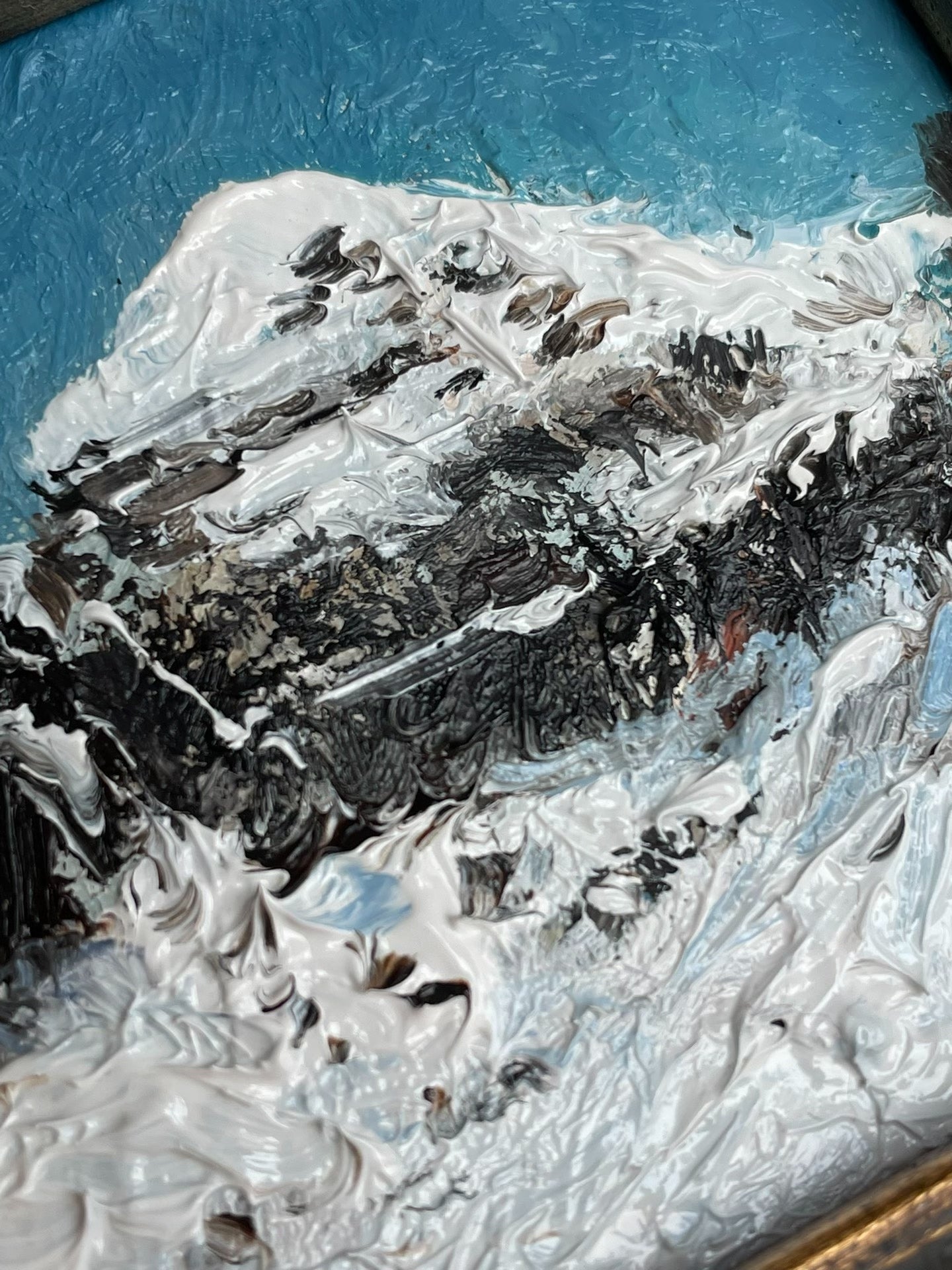 Impasto Oil Painting of Snow-Capped Mountain, 8x8cm, Vintage Wood Frame