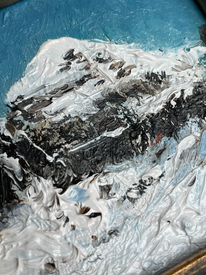 Impasto Oil Painting of Snow-Capped Mountain, 8x8cm, Vintage Wood Frame