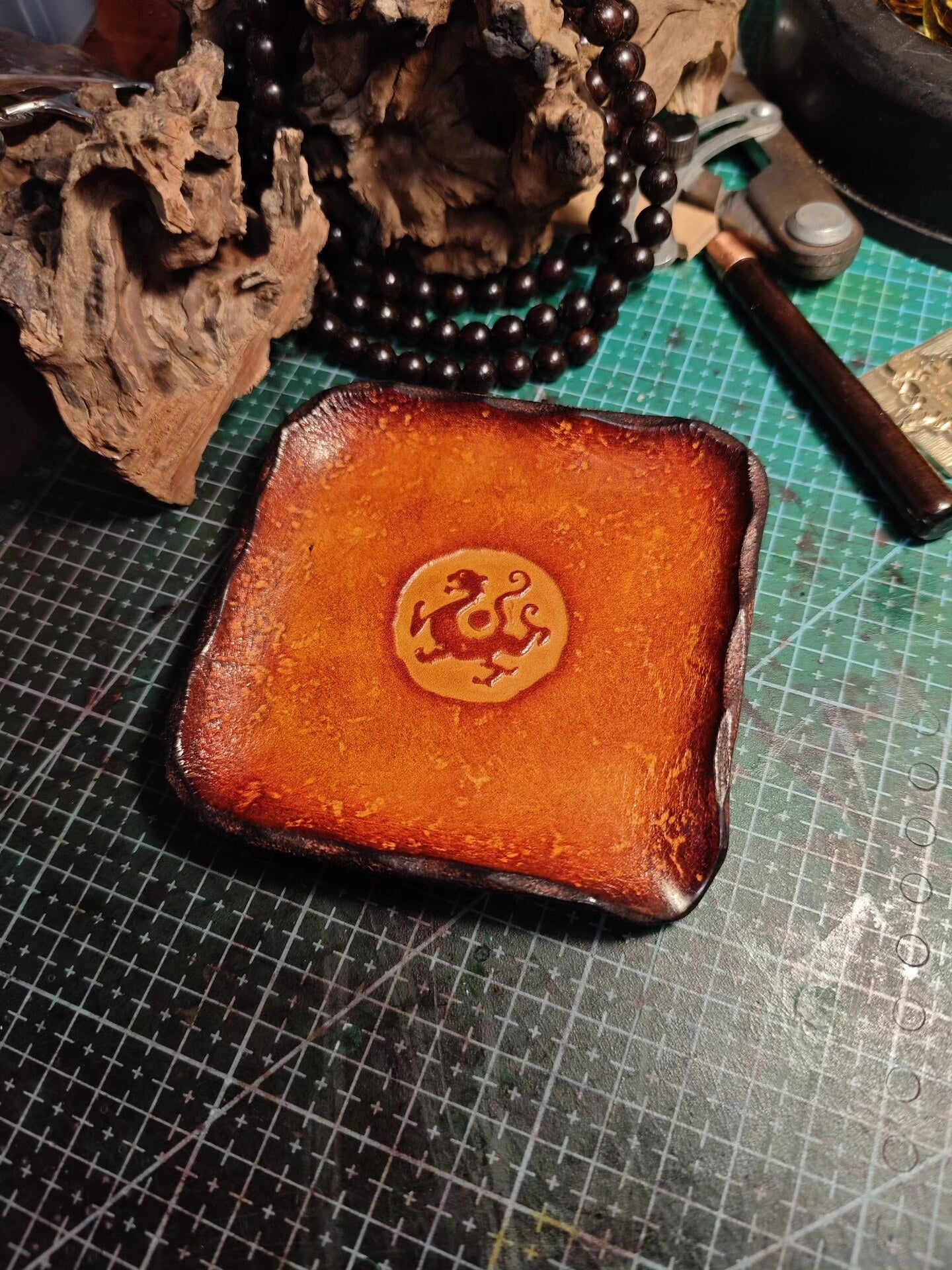 Handcrafted Italian Leather Tray with Embossed Mythical Creature Emblem