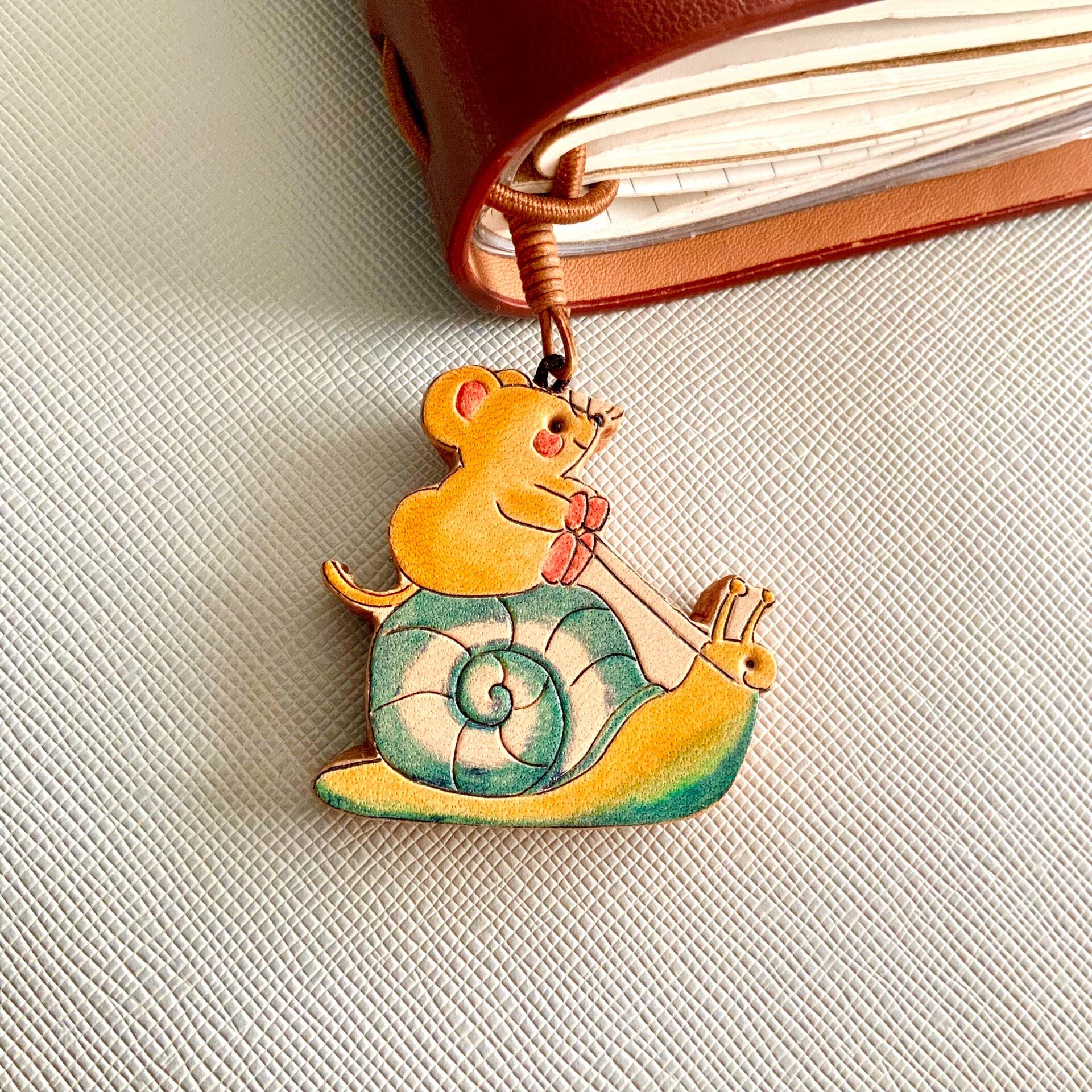 Hand-Carved Leather Mouse on Snail Pendant with Cheese Charm