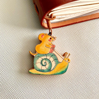 Hand-Carved Leather Mouse on Snail Pendant with Cheese Charm