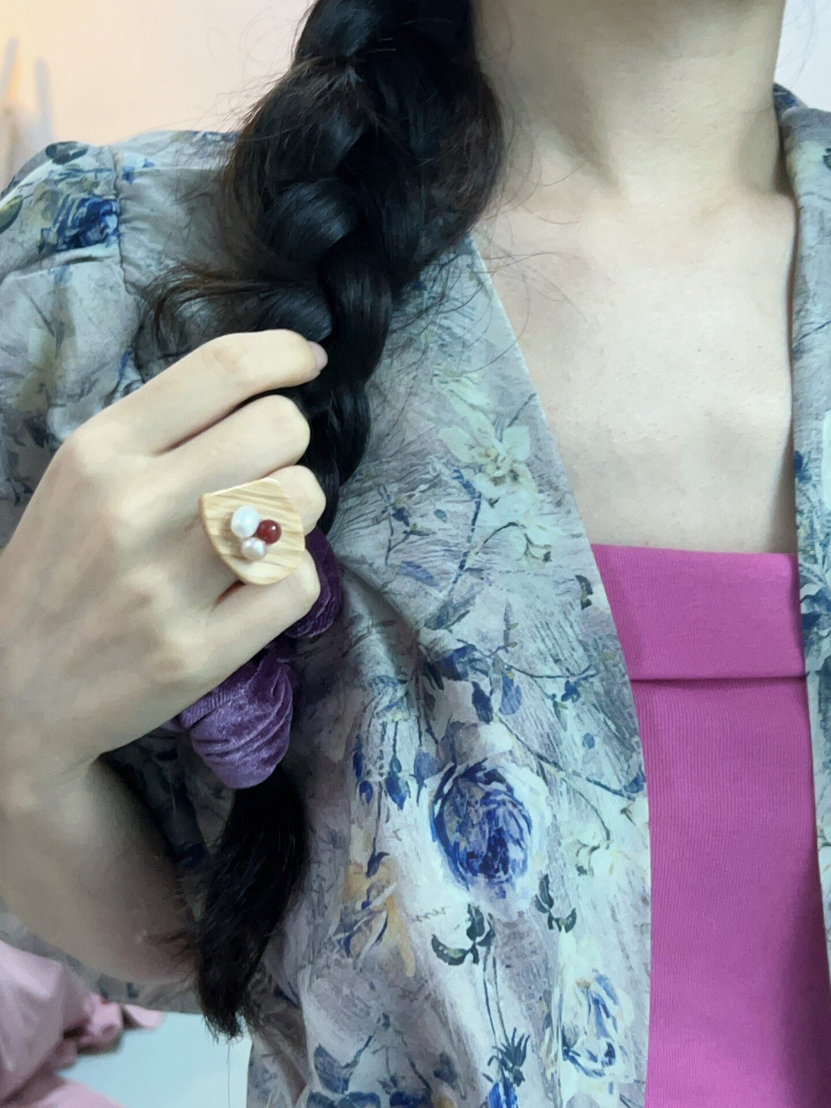 Vintage Chinese Style Pearl Agate Ring