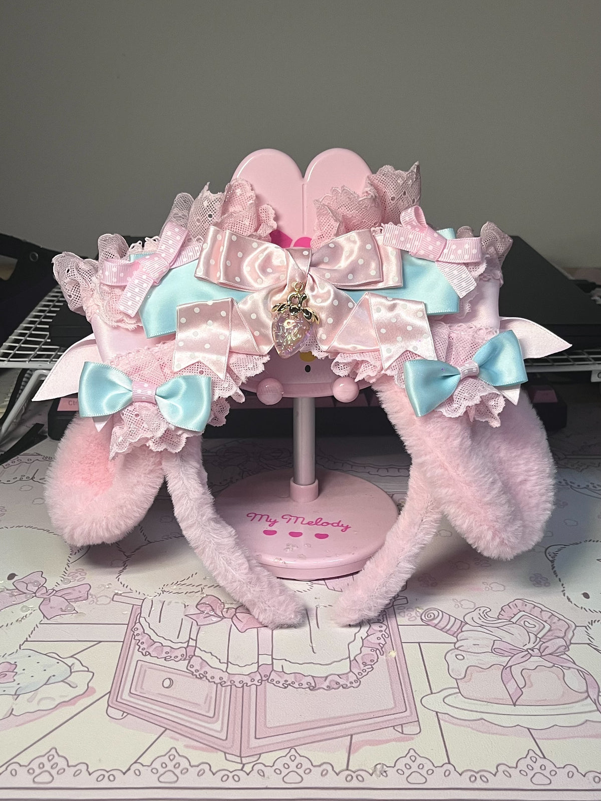 Handmade Lolita KC Headband Pink Drooping Bunny Ears