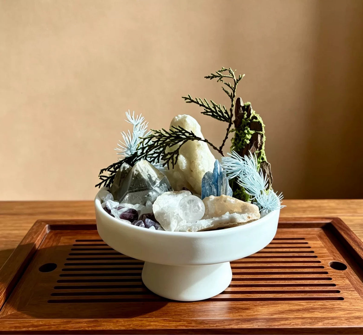 Arreglo Bonsai de Cristal en Cuenco de Cerámica Blanca