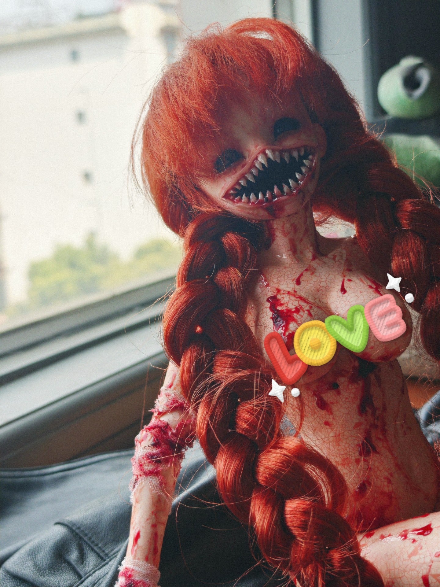 Custom Horror BJD Doll with Cracked Skin and Red Braids