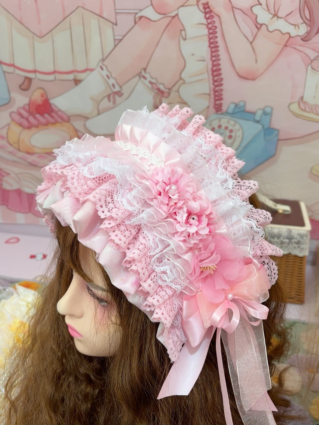 Pastelroze Bloemen Lolita Platte Beret Hoofdtostuk