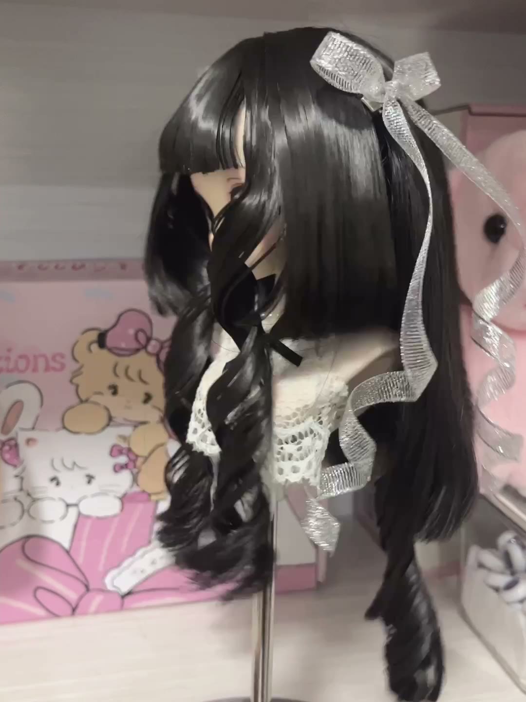 Doll Wig Black Curly Silver Ribbons